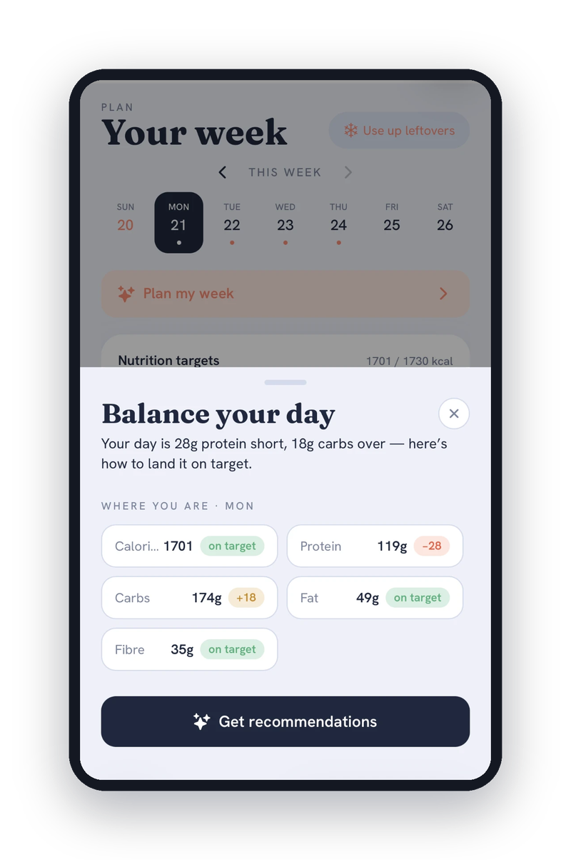 Orvea app — the daily nutrition coach reading the day's meals